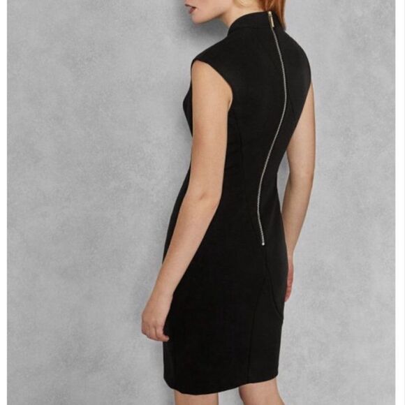 Ted Baker 14 (5) Black Geodese V Neck Front Slit Back Zip Sleeveless Shift Dress - Picture 3 of 17